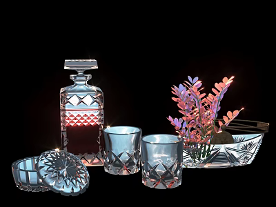 Stylish Ceramic Ware Collection with Diamond Cut Decanter Tumblers Floral Bowl and Coasters 3d model