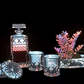Stylish Ceramic Ware Collection with Diamond Cut Decanter Tumblers Floral Bowl and Coasters