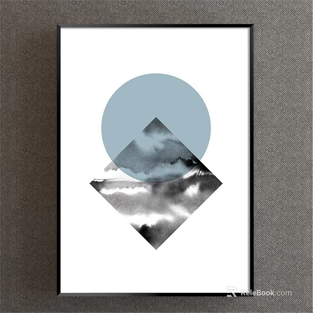 Modern Decorative Painting With Light Blue Circle Diamond Shape Black White Ink Mountain Cloud Design 3d model 
