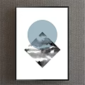 Modern Decorative Painting With Light Blue Circle Diamond Shape Black White Ink Mountain Cloud Design