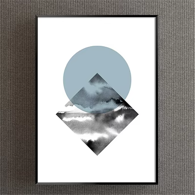 Modern Decorative Painting With Light Blue Circle Diamond Shape Black White Ink Mountain Cloud Design 3d model