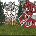 Garden Landscape Featuring Green Lawn Trees Red Cube Sculptures And Bronze Branch Artwork