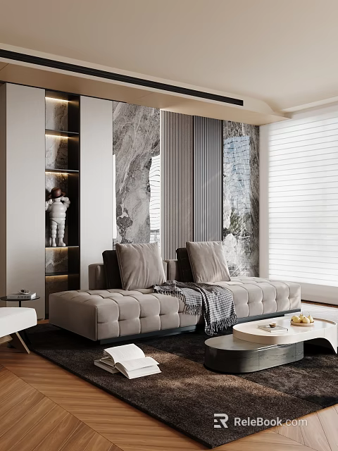 Decorative Ornament Set For Modern Living Room With Beige Sofa Cushions And Marble Wall 3d model 