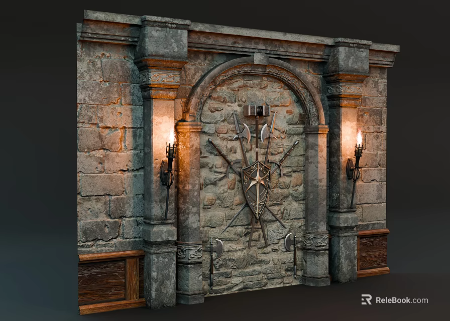 Stone Wall Arched Door Design With Metal Decorations And Wall Sconces 3d model 