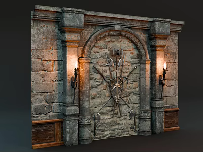 Stone Wall Arched Door Design With Metal Decorations And Wall Sconces 3d model