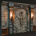 Stone Wall Arched Door Design With Metal Decorations And Wall Sconces