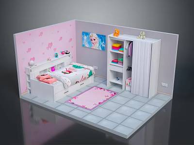 Kids Bedroom Interior With Pink Walls Cartoon Bed Elsa Poster White Wardrobe And Pink Rug 3d model