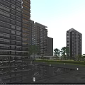 Modern Residential Building Complex With Glass Curtain Walls Landscaped Greenery And Central Water Feature