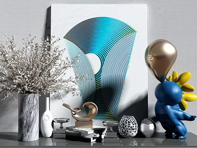 Ornamental Decor Set with Modern Artwork Dried Flowers Metal Ornaments Blue Cartoon Figure Marble Vase 3d model