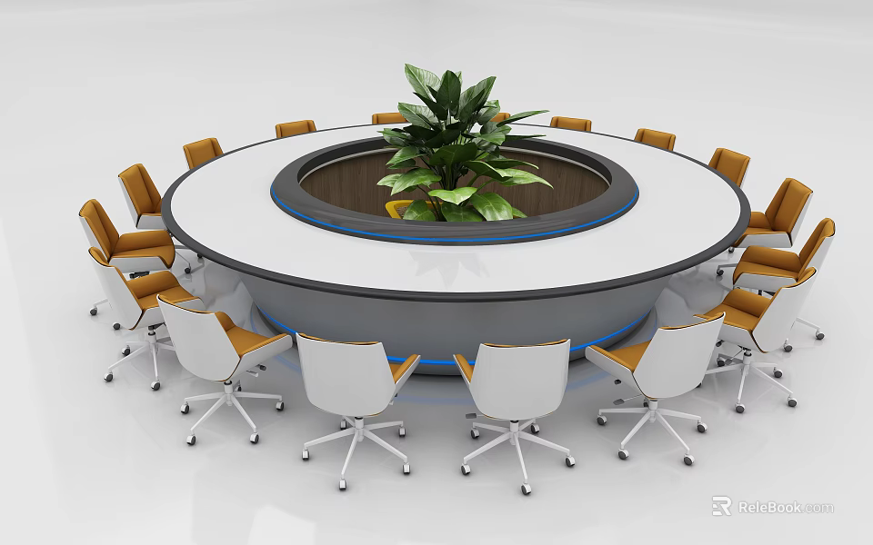 Round Modern Conference Table With Central Green Plant And White Orange Wheeled Chairs 3d model 