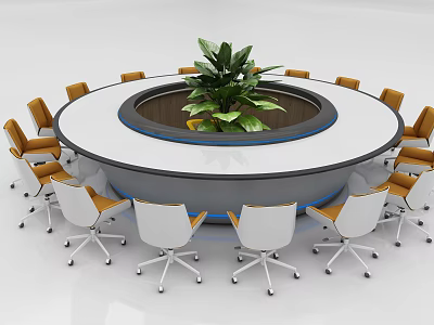 Round Modern Conference Table With Central Green Plant And White Orange Wheeled Chairs 3d model