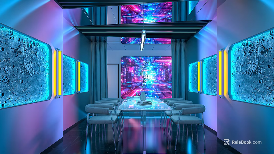 Immersive Script Murder Game Room With Colorful Screens And Illuminated Decorations 3d model 
