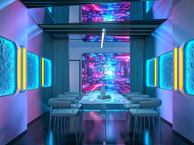 Immersive Script Murder Game Room With Colorful Screens And Illuminated Decorations 3d model