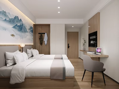 Modern Hotel Room With Twin Beds Wooden Flooring Mountain Landscape Art And Work Desk Setup 3d model