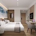 Modern Hotel Room With Twin Beds Wooden Flooring Mountain Landscape Art And Work Desk Setup