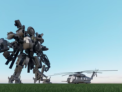 Black Smart Robot Standing With Helicopter Under Blue Sky On Green Grass 3d model
