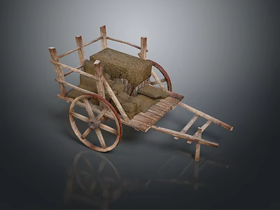 Old Wooden Cart With Hay On Rustic Vintage Wheels And Frame 3d model