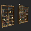 Wooden Bookcases with Multiple Shelves Filled with Books and Decorative Items Skull Vase Stacked Books