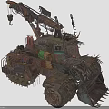 Post Apocalyptic Rusted Mechanical Vehicle With Tracks Crane Spikes And Worn Metal Texture
