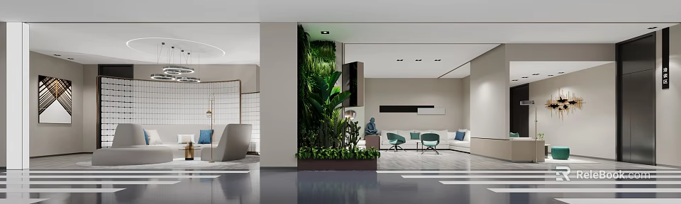 Modern Reception Area Interior With Green Plant Wall Sofa Chairs And Sculpture 3d model 