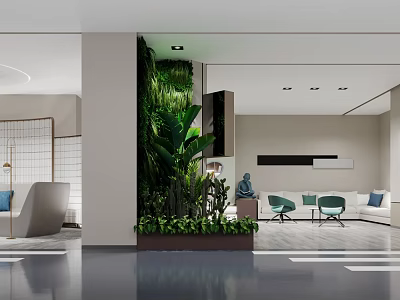 Modern Reception Area Interior With Green Plant Wall Sofa Chairs And Sculpture 3d model