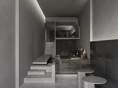 Modern Minimalist Café Interior With Gray Tones Staircase Bar Counter And Small Round Tables 3d model