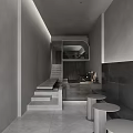Modern Minimalist Café Interior With Gray Tones Staircase Bar Counter And Small Round Tables