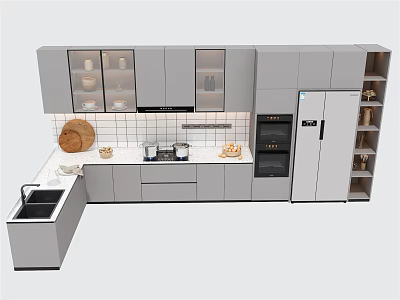 Modern Kitchen Interior With Glass Front Cabinets And Integrated Appliances 3d model