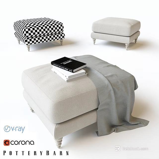 Light Colored and Black and White Checkered Ottomans with Books and Blanket on Metal Legs 3d model 