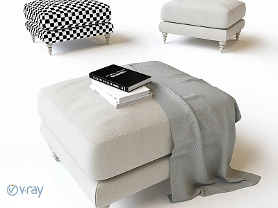 Light Colored and Black and White Checkered Ottomans with Books and Blanket on Metal Legs 3d model