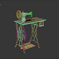Vintage Sewing Machine On Wooden Table With Metal Parts Curved Legs And Drawer