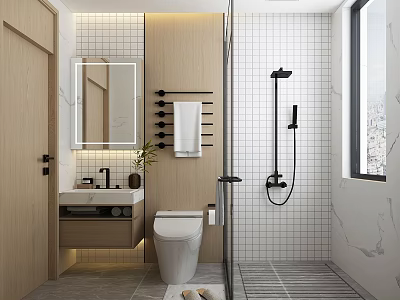 Modern Minimalist Bathroom Interior With White Tiles Wooden Vanity And Black Shower Fixtures 3d model
