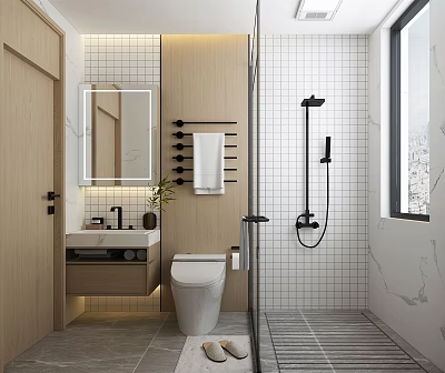 Modern Minimalist Bathroom Interior With White Tiles Wooden Vanity And Black Shower Fixtures 3d model