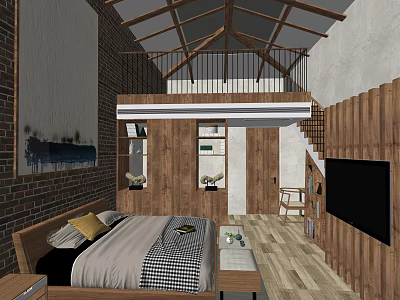 Hotel Room Interior with Wooden Walls Furniture Brick Accent Comfortable Bed and Flat Screen TV 3d model