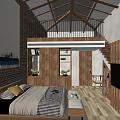 Hotel Room Interior with Wooden Walls Furniture Brick Accent Comfortable Bed and Flat Screen TV