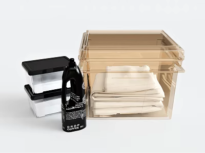 Household Items Including Transparent Storage Box Folded White Towels Black Lid Container And Dettol Bottle 3d model