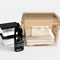 Household Items Including Transparent Storage Box Folded White Towels Black Lid Container And Dettol Bottle