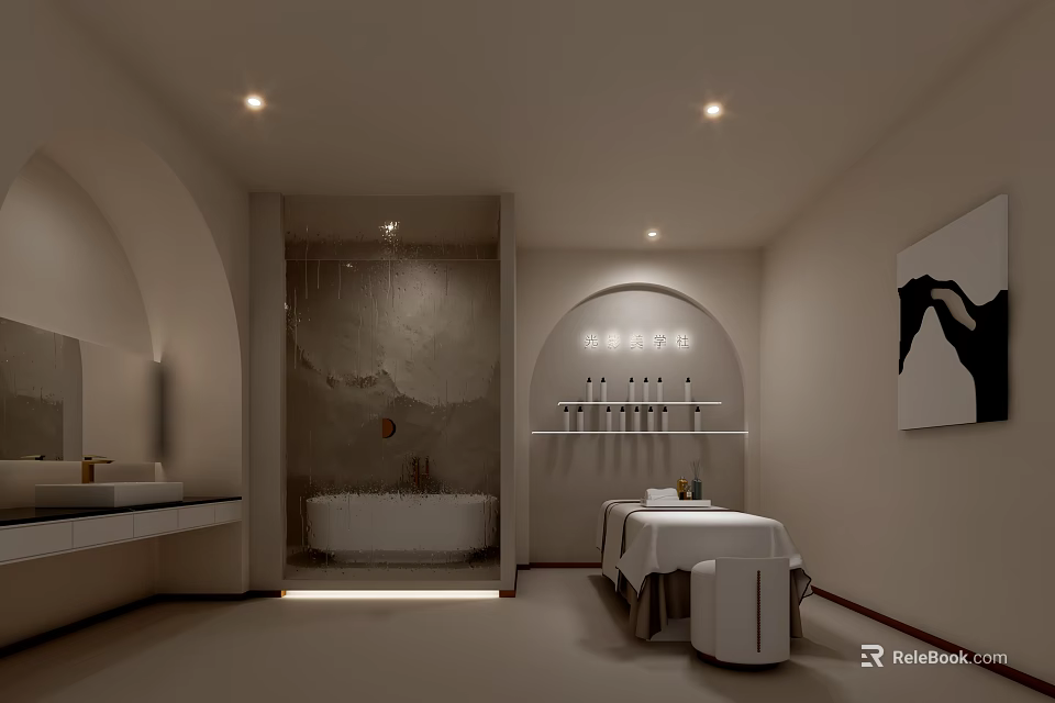 SPA Sauna Room With Arched Design Massage Table Bathtub Bottles On Shelf And Soft Lighting 3d model 