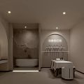 SPA Sauna Room With Arched Design Massage Table Bathtub Bottles On Shelf And Soft Lighting