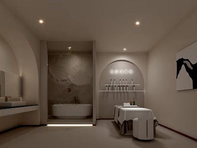 SPA Sauna Room With Arched Design Massage Table Bathtub Bottles On Shelf And Soft Lighting 3d model