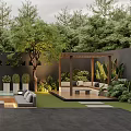 Modern Garden Design With Waterfall Wall Trees Outdoor Seating And Fire Pit Area