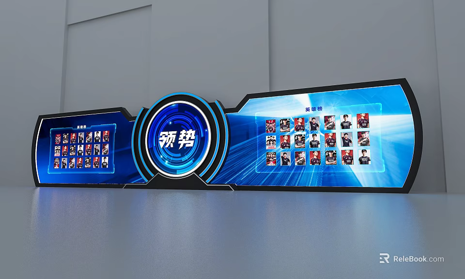 Hi tech Background Wall With Circular Preview And Blue Interface Icons 3d model 