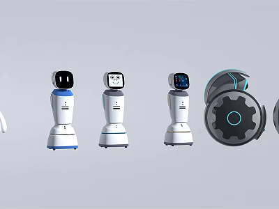 Smart Robots With Various Designs Different Heads Bases And Gear Component 3d model