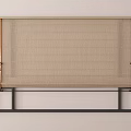 Beige Woven Roman Blinds With Brown Leather Straps And Black Metal Frame