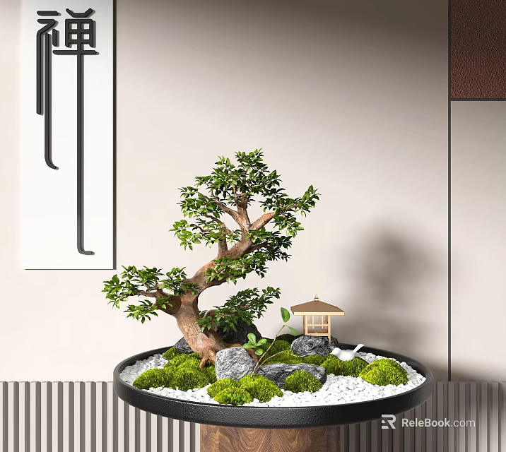 Bonsai Tree With Curved Trunk Green Leaves Small Pavilion And Moss In Black Pot 3d model 
