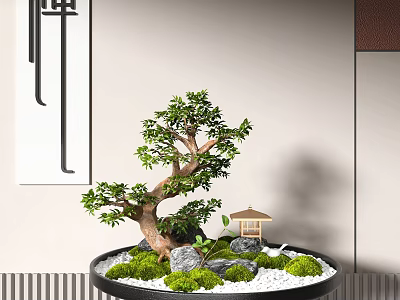 Bonsai Tree With Curved Trunk Green Leaves Small Pavilion And Moss In Black Pot 3d model