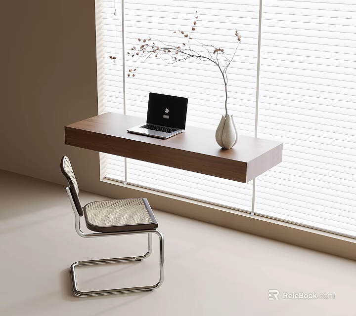 Modern Floating Wooden Desk with Laptop White Vase Plant and Chair by Bright Light Window 3d model 