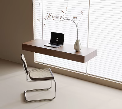 Modern Floating Wooden Desk with Laptop White Vase Plant and Chair by Bright Light Window 3d model