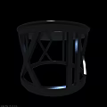 Tech Exhibition Hall Showcasing Modern Metal Circular Table With Crossed Supports And Reflective Surface