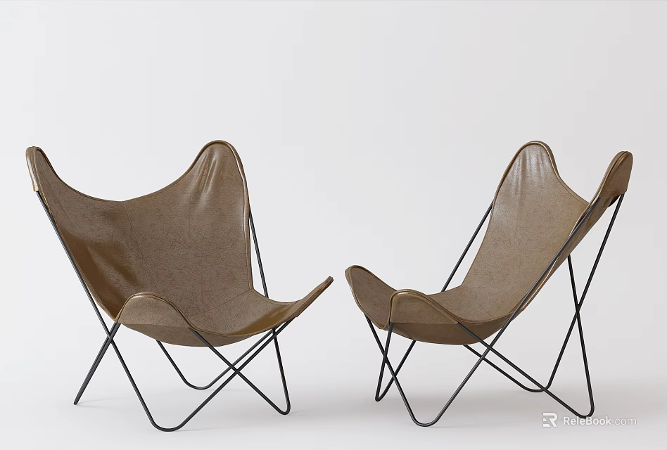 Pair of Brown Leather Leisure Chairs With Stylish Black Metal Frame Design 3d model 